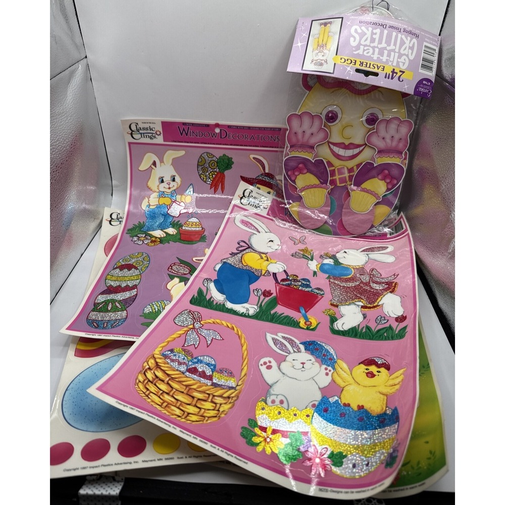 4 Vintage Easter‎ Window Classic Clings & Glitter Critters Hanging Tissue Decor